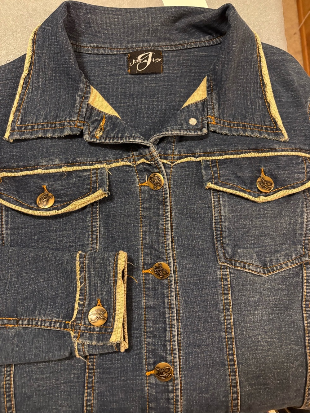 Vintage 90’s G Jeans Classic Blue Denim Jacket w Raw Edges Orange Topstitch (L)